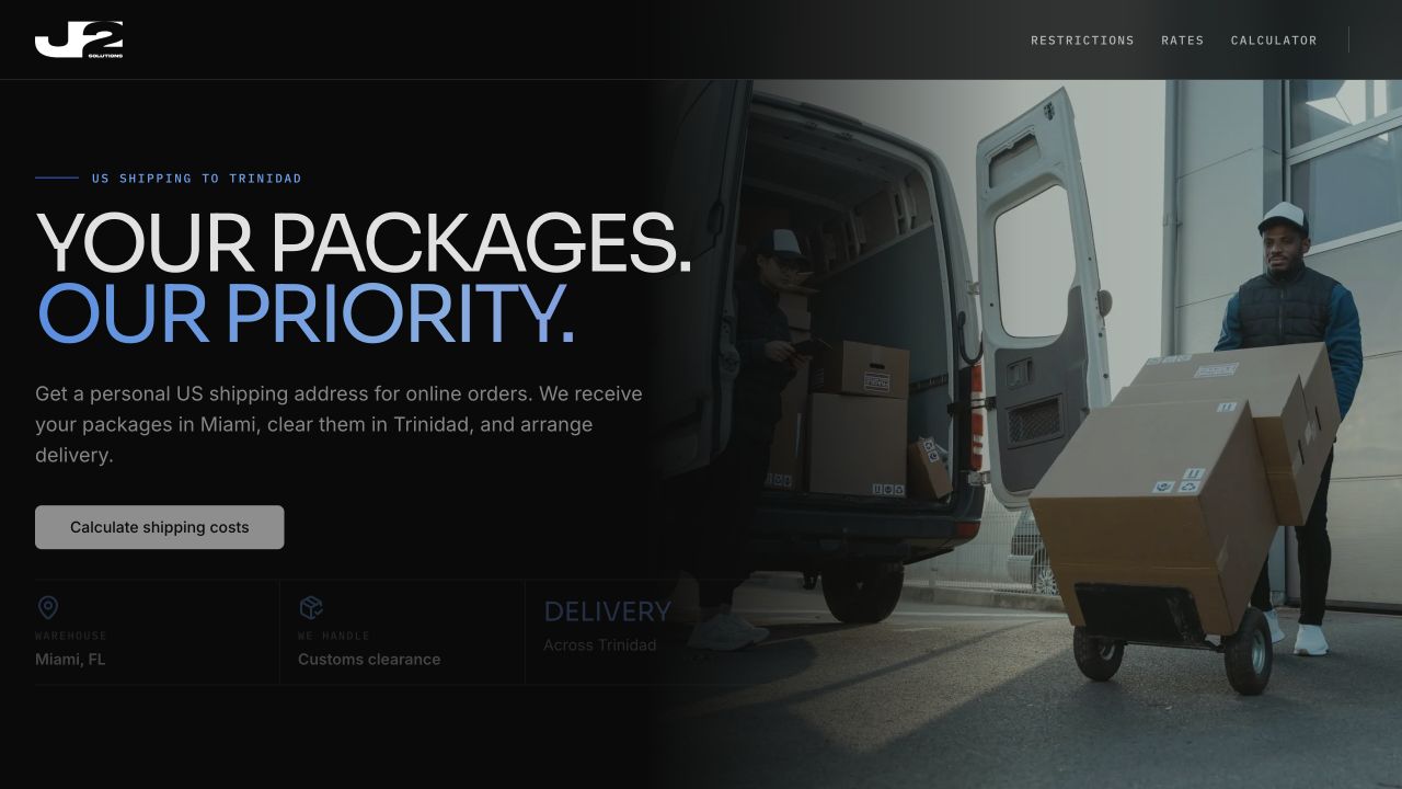 J2 Shipping website homepage showing its Trinidad shipping service